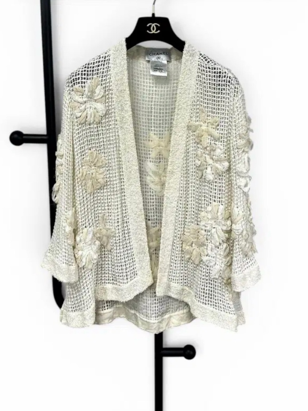 CHANEL Cream Crochet Floral Open-Front Shrug